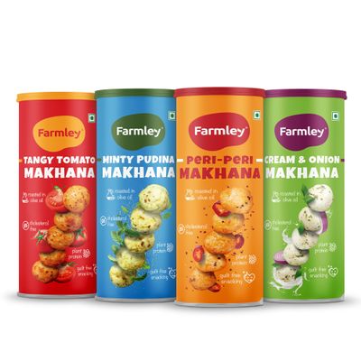 Farmley Makhana Gluten Free Roasted & Flavoured Puffs Fox Nut Water Lily Pops Popped Lotus Seed Pack of 4 90g each (Peri-Peri, Cream & Onion, Mint, Tangy Tomato) Daily Nutritious Snack 12.70 Ounce