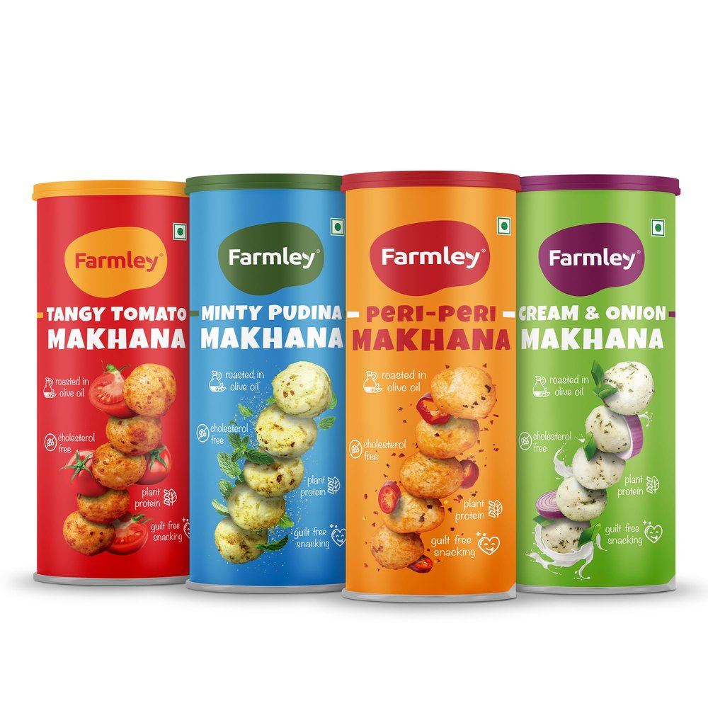 Farmley Makhana Gluten Free Roasted & Flavoured Puffs Fox Nut Water Lily Pops Popped Lotus Seed Pack of 4 90g each (Peri-Peri, Cream & Onion, Mint, Tangy Tomato) Daily Nutritious Snack 12.70 Ounce