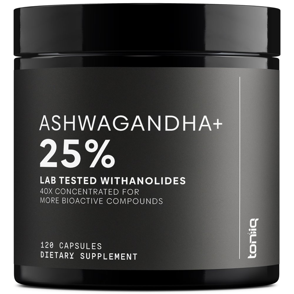 Toniiq Ashwagandha  40:1 Concentrated Extract  25% Withanolides  Wild Harvested in India  Highly Bioavailable with Black Pepper  Third-Party Tested  120 Capsules - 1,300mg per Serving