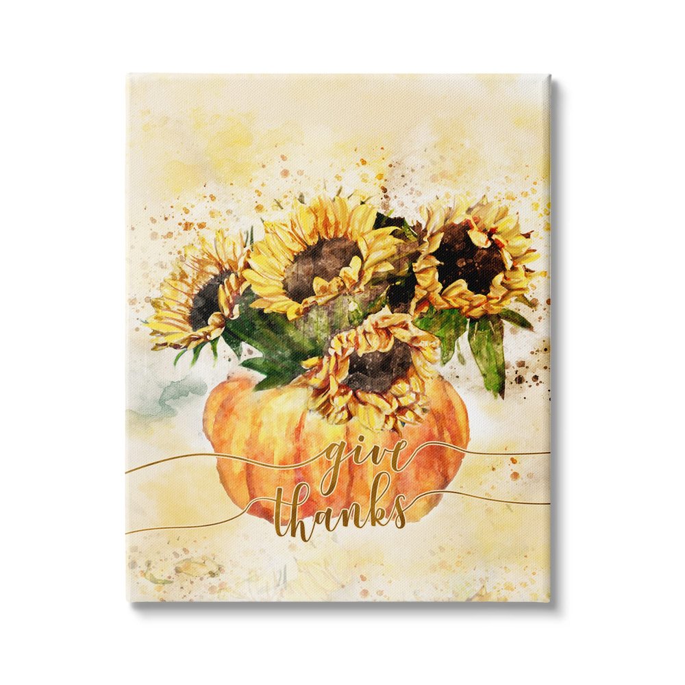 Stupell Industries Give Thanks Phrase Orange Pumpkin Sunflower Floral Burst, Design by Ziwei Li