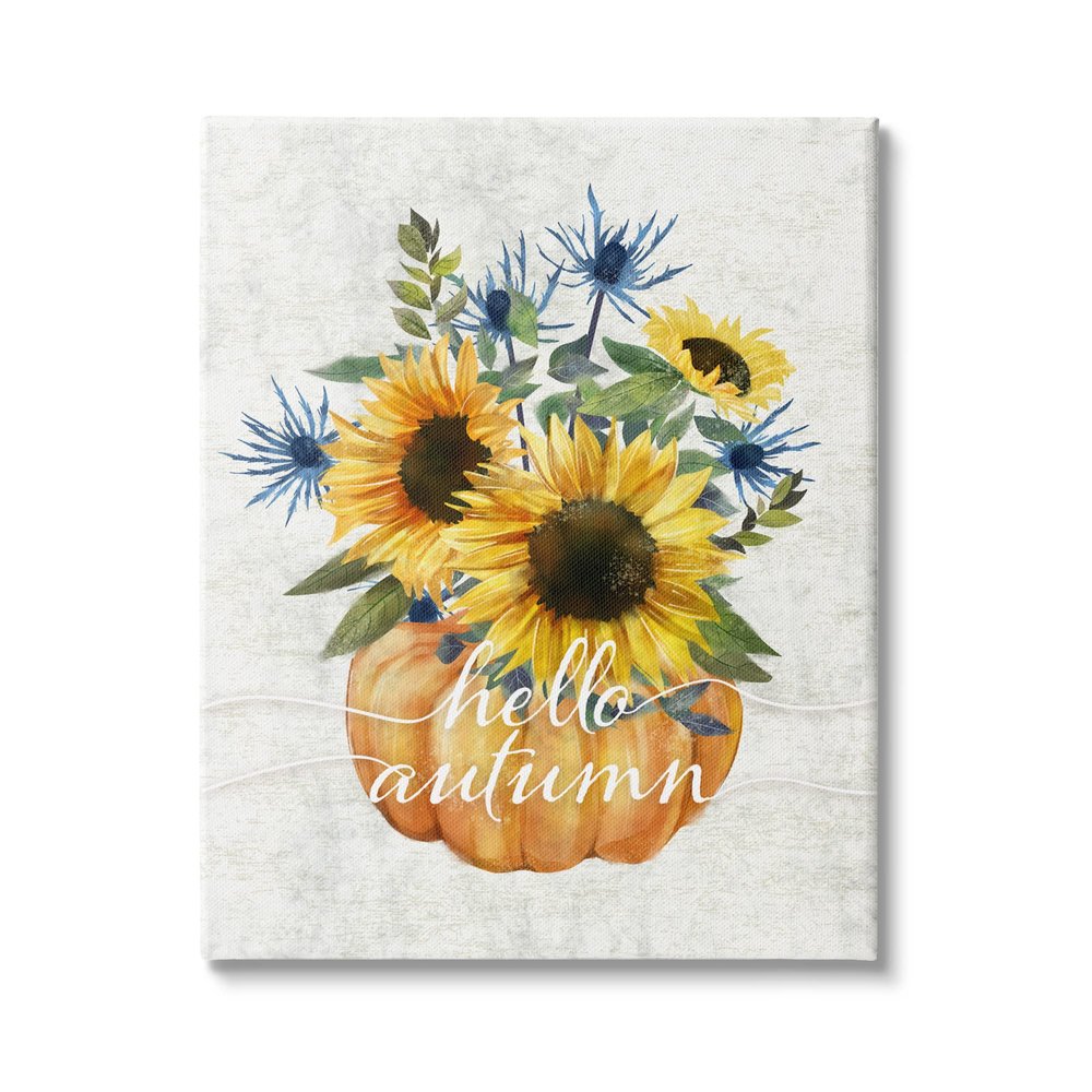 Stupell Industries Hello Autumn Phrase Blue Thistle Sunflower Pumpkin, Design by Ziwei Li
