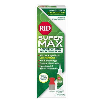 RID Super Max Sensitive Skin Lice Treatment, Kills Super Lice & Eggs, Safe for Sensitive Skin, Clinically Tested, Package Graphics May Vary