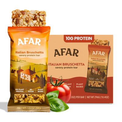 Afar Savory Protein Bars  Low Sugar, High Protein  Healthy Snacks for Adults  Meal Replacement Bar  Rice Crispy Texture  Vegan, Gluten Free (8 Bars, Italian Bruschetta)