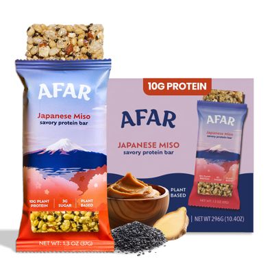 Afar Savory Protein Bars  Low Sugar, High Protein  Healthy Snacks for Adults  Meal Replacement Bar  Rice Crispy Texture  Vegan, Gluten Free (8 Bars, Japanese Miso)