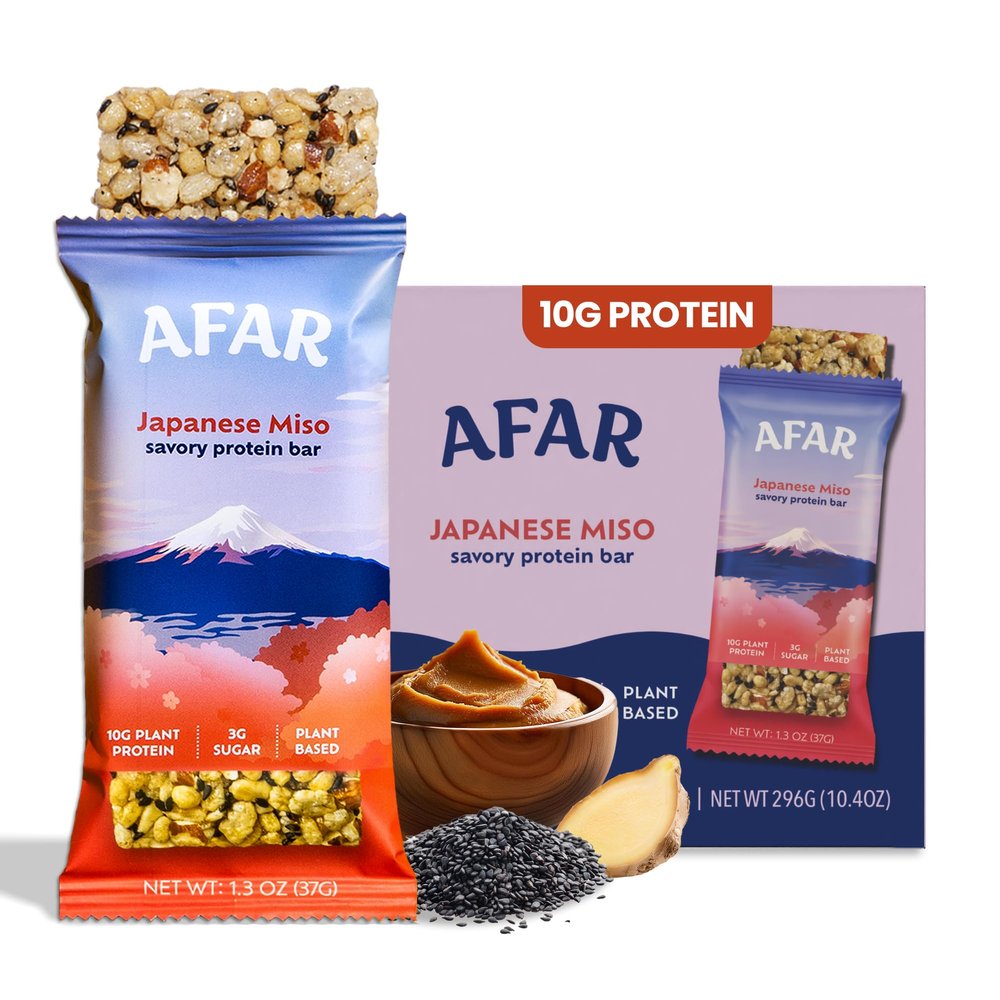 Afar Savory Protein Bars Low Sugar, High Protein Healthy Snacks for Adults Meal Replacement Bar Rice Crispy Texture Vegan, Gluten Free (8 Bars, Japanese Miso)