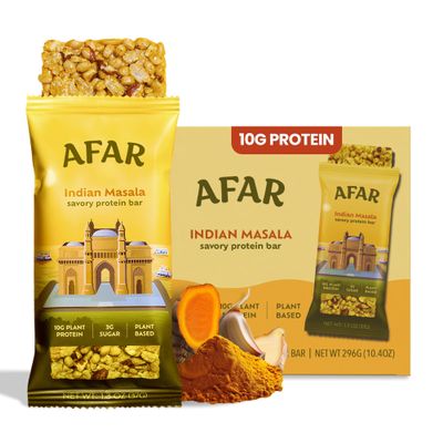 Afar Savory Protein Bars  Low Sugar, High Protein  Healthy Snacks for Adults  Meal Replacement Bar  Rice Crispy Texture  Vegan, Gluten Free (8 Bars, Indian Masala)