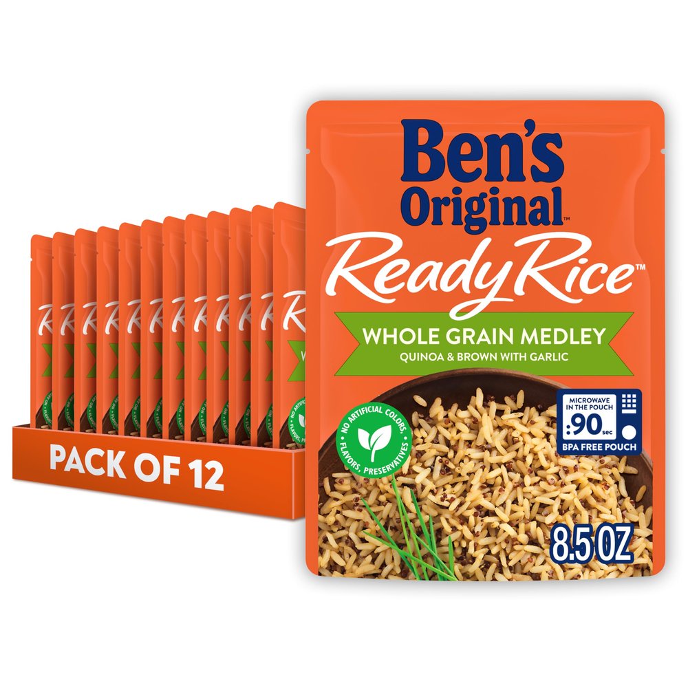 BEN'S ORIGINAL Ready Rice Whole Grain Medley Quinoa and Brown Flavored Rice, Easy Dinner Side, 8.5 oz Pouch (Pack of 12)
