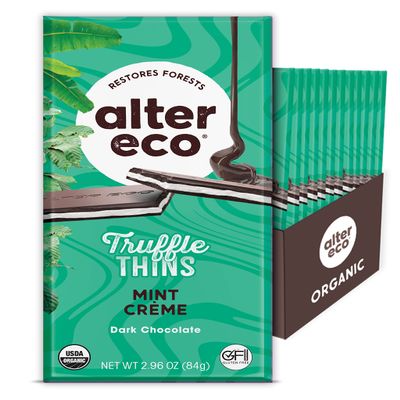 Alter Eco Mint Creme Truffle Thins, Chocolate Bar with Gooey Ganache Truffle Filling, Gluten-Free, Non-GMO Snacks, No Additives or Artificial Sweeteners, Fair Trade, Recyclable Packaging (12-Pack Mint Creme)