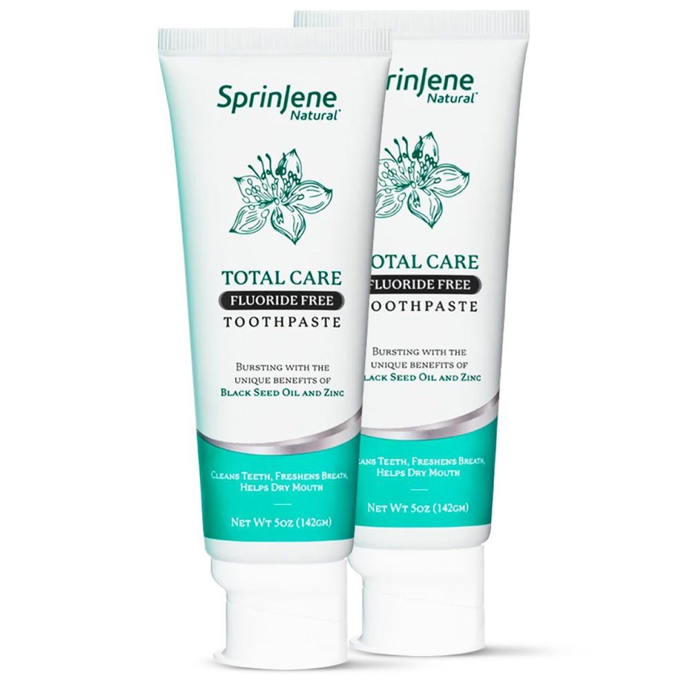SprinJene Natural Total Care Fluoride Free Toothpaste Patented Formula with Black Seed Oil & Zinc Dry Mouth Toothpaste for Fresh Breath & Strong Teeth Made in The USA (2 Pack)