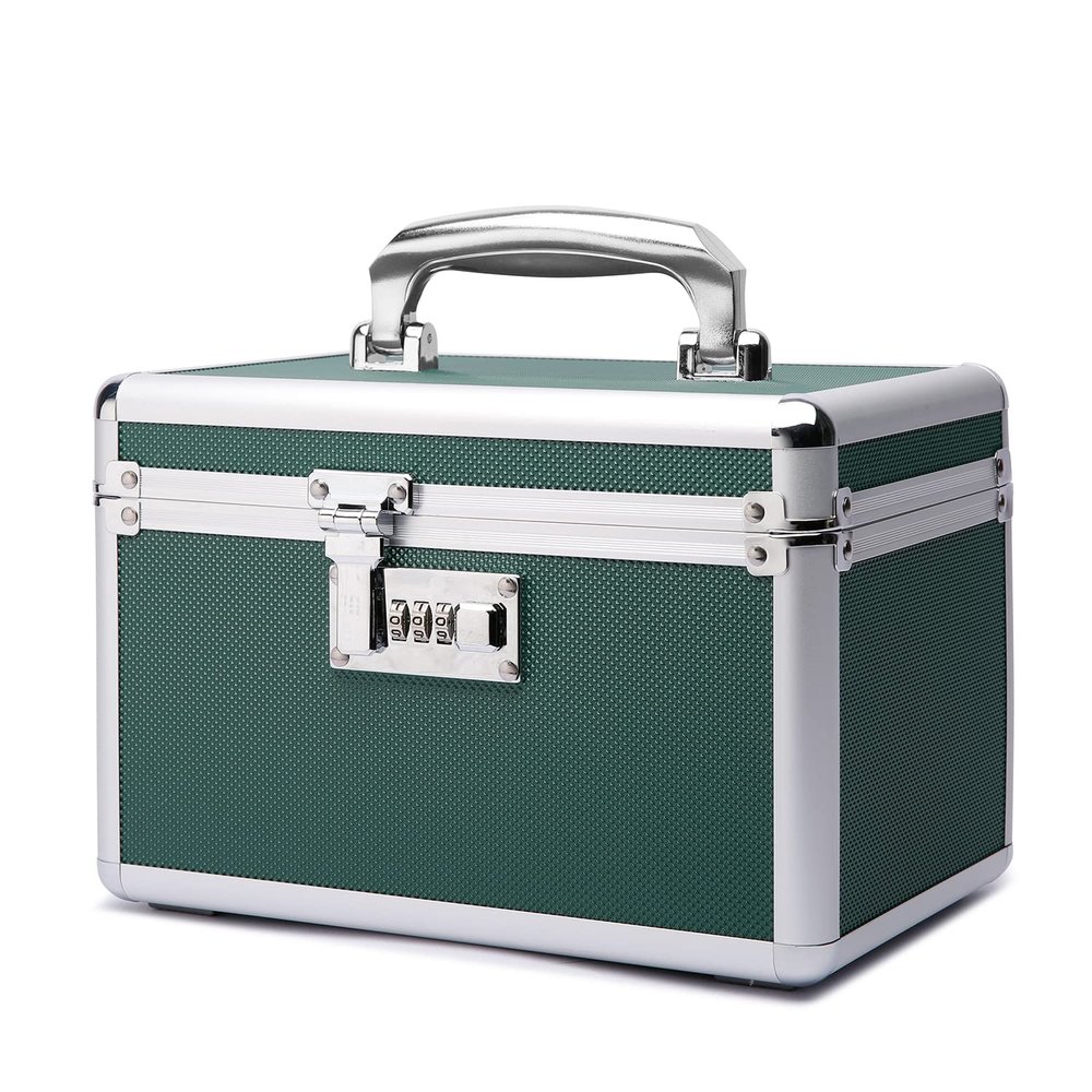 HEWEI WORKS Lockable Medication Box with Portable Storage Case, 10.2''x 6.8''x 6.8'', Childproof Medicine Lock Organizer, Lockbox for Secure Cash, Jewelry, ID Documents (Green/Small)