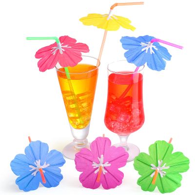 Chengu 100 Pieces Umbrella Straws for Drinks Hawaiian Cocktails Umbrella Straws Summer Beach Luau Tropical Drinks Party Decorations Supply, Colorful(Hibiscus)