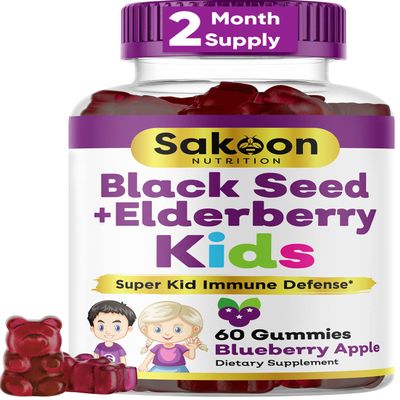 Sakoon nutrition Elderberry & Black Seed Oil Gummies for Kids, Immune Support, with Vitamin C and Zinc, Delicious Berry Flavor, 60 Gummies