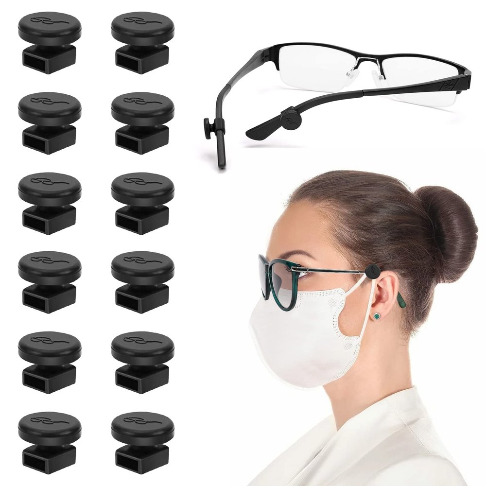 MEETI 6 Pairs Adjustable Eyeglass Hooks for Mask Holders to Protect Ears, Comfort Silicone Ear Saver for Masks Glasses, Relieve Pressure & Mask Ear Pain Strap Extenders, Black