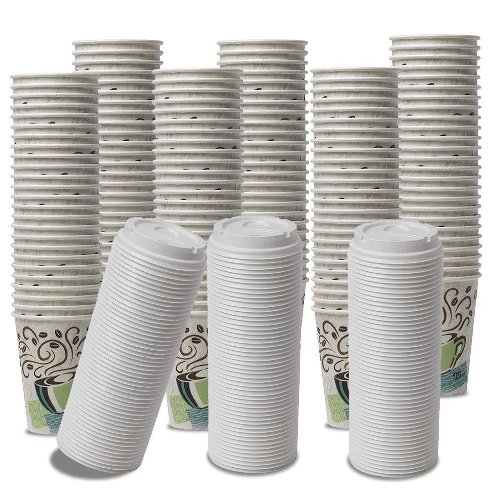 Paper Plates/Bowls Dixie PerfecTouch WiseSize Coffee Design Insulated Paper Cup, 12oz Cups and Lids Bundle (12 oz, 150 Cups, 150 Lids - Set of 2)