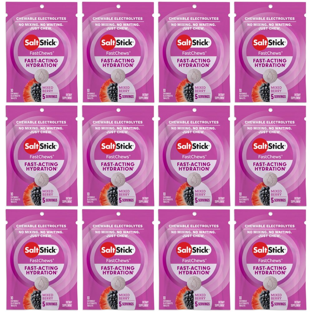 SaltStick Electrolyte FastChews - 120 Count Mixed Berry Flavor - Chewable Electrolyte Tablets for Hydration, Salt Tabs - 10 Count (Pack of 12)