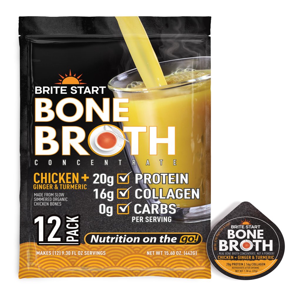 Brite Start Bone Broth - Chicken + Ginger & Turmeric - 12 Count - Keto Friendly Concentrate with 16g Collagen, 20g Paleo Protein - Made from Free Range Chicken Bones - Single Serve Packets