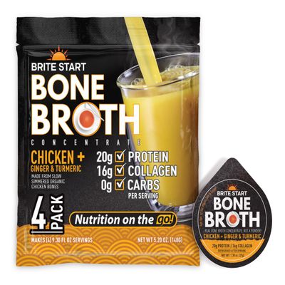 Brite Start Bone Broth - Chicken + Ginger & Turmeric - 4 Count - Keto Friendly Concentrate with 16g Collagen, 20g Paleo Protein - Made from Free Range Chicken Bones - Single Serve Packets