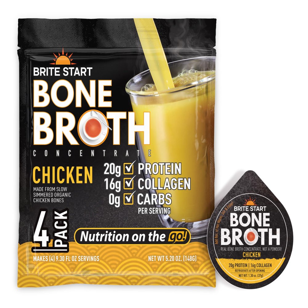 Brite Start Bone Broth - Chicken Bone Broth - 4 Count - Keto Friendly Concentrate Packed with 16g Collagen, 20g Paleo Protein - Made from Free Range Chicken Bones - Single Serve Packets