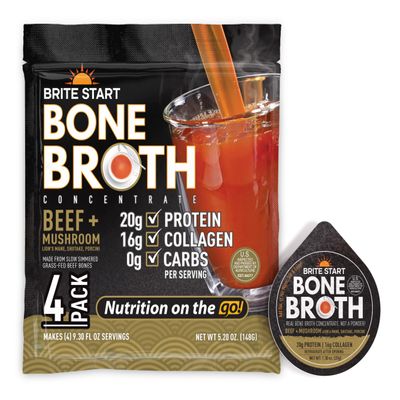 Brite Start Bone Broth - Beef + Mushrooms - Porcini, Shitake, Lions Mane - 4 Count - Keto Friendly Concentrate - 16g Collagen 20g Protein -Made from Grass Fed Beef Bones- Single Serve Packets