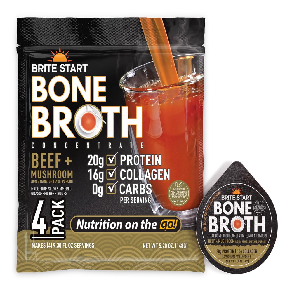 Brite Start Bone Broth - Beef + Mushrooms - Porcini, Shitake, Lions Mane - 4 Count - Keto Friendly Concentrate - 16g Collagen 20g Protein -Made from Grass Fed Beef Bones- Single Serve Packets