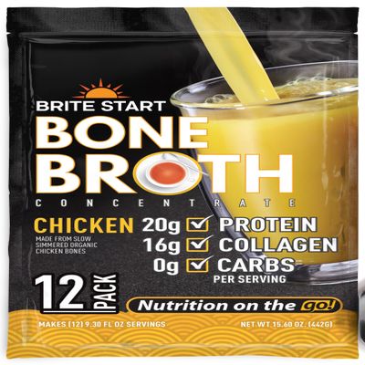 Brite Start Bone Broth - Chicken Bone Broth - 12 Count - Keto Friendly Concentrate Packed with 16g Collagen, 20g Paleo Protein - Made from Free Range Chicken Bones - Single Serve Packets