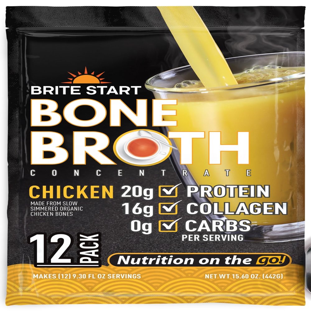 Brite Start Bone Broth - Chicken Bone Broth - 12 Count - Keto Friendly Concentrate Packed with 16g Collagen, 20g Paleo Protein - Made from Free Range Chicken Bones - Single Serve Packets