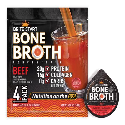 Brite Start Bone Broth - Beef Bone Broth - 4 Count - Keto Friendly Concentrate Packed with 16g Collagen, 20g Paleo Protein -Made from Grass Fed Beef Bones- Single Serve Packets