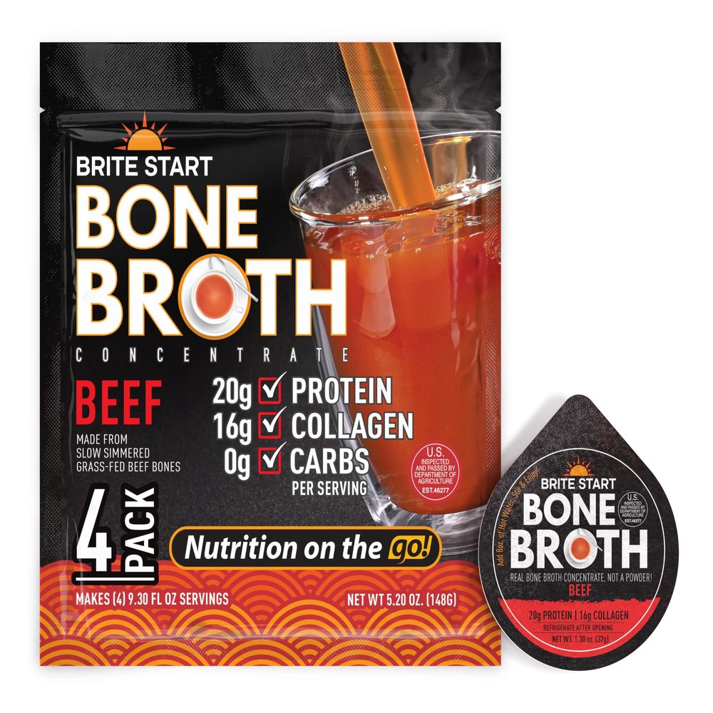 Brite Start Bone Broth - Beef Bone Broth - 4 Count - Keto Friendly Concentrate Packed with 16g Collagen, 20g Paleo Protein -Made from Grass Fed Beef Bones- Single Serve Packets