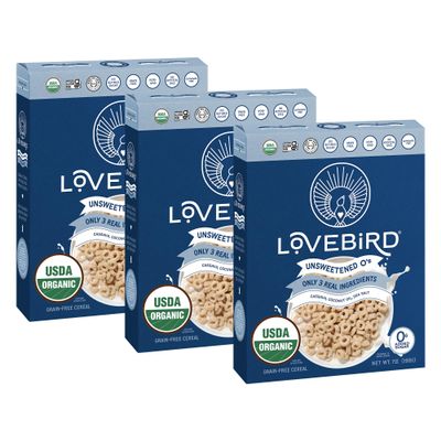 Lovebird Organic Cereal That Actually Tastes Good - 100% Real Food & Healthy Gluten Free Cereal, No Refined Sugar, Paleo, Keto Friendly Healthy Snacks for Kids, Adults - Unsweetened, 3-Pack