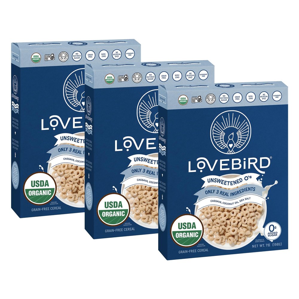 Lovebird Organic Cereal That Actually Tastes Good - 100% Real Food & Healthy Gluten Free Cereal, No Refined Sugar, Paleo, Keto Friendly Healthy Snacks for Kids, Adults - Unsweetened, 3-Pack