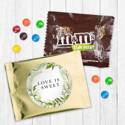 12ct Wedding Candy Party Favors M&M's Fun Size Bags (12 Pack) - Gold Foil - Fully Assembled (3x4 in) Chocolate Favor for Guests Botanical