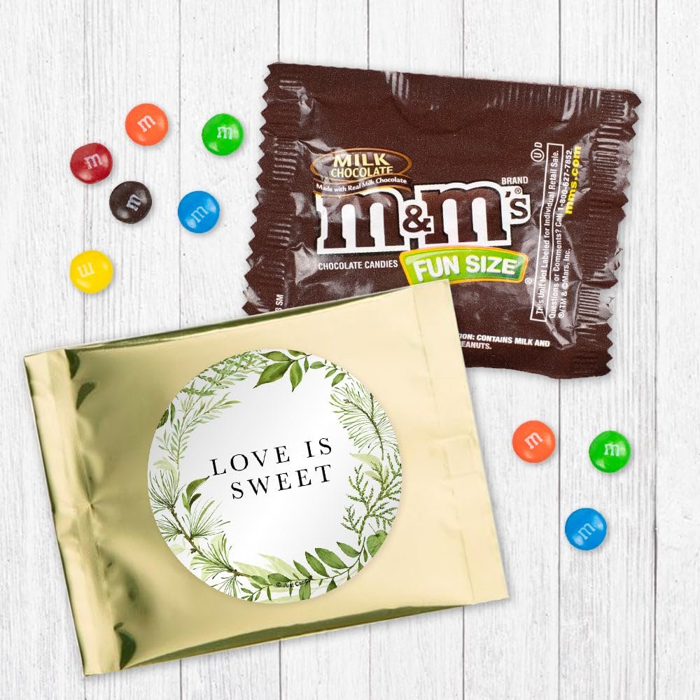 12ct Wedding Candy Party Favors M&M's Fun Size Bags (12 Pack) - Gold Foil - Fully Assembled (3x4 in) Chocolate Favor for Guests Botanical