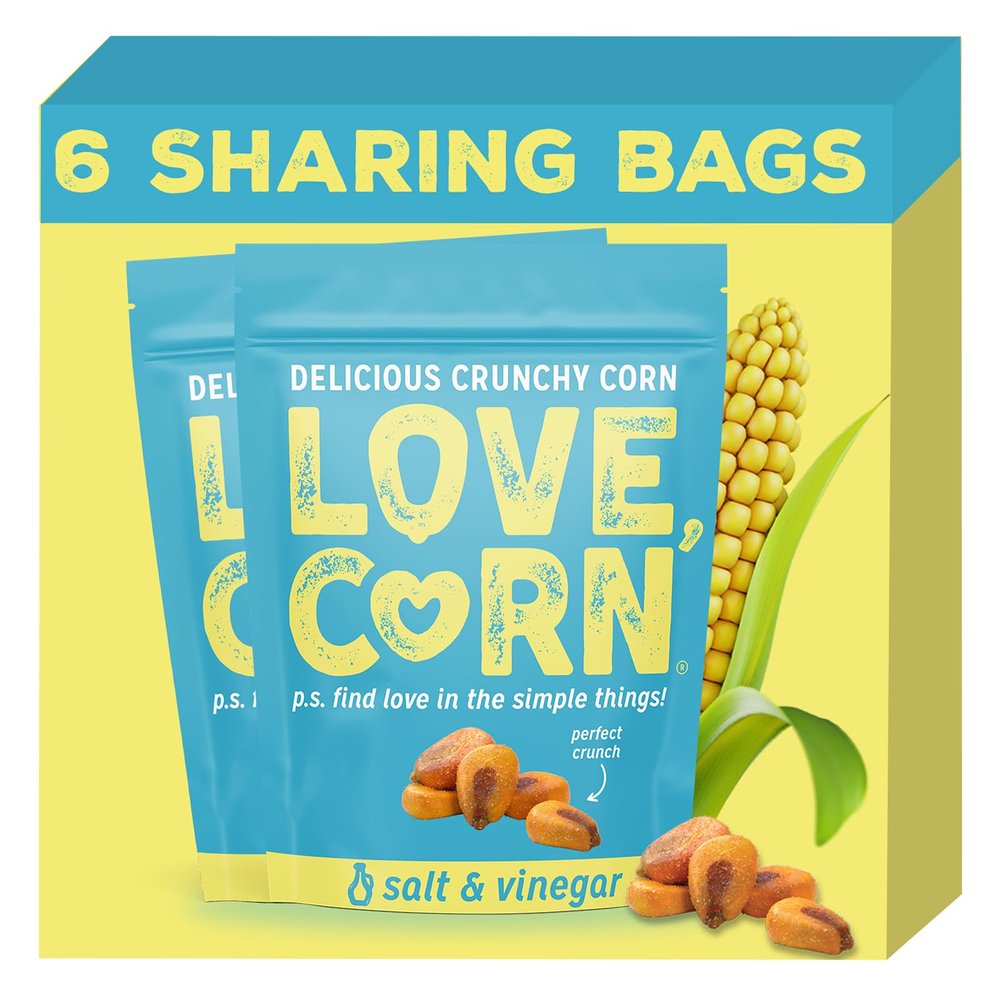LOVE CORN: Salt & Vinegar | Crunchy Corn - Gluten-Free - Plant based & Vegan - Healthy Snack - Low Sugar - Non GMO - (Box of 6 bags, 4oz each)