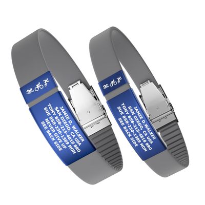 Divoti Custom Engraved Medical Alert ID Band, Double-Sided Emergency Contact Silicone WristbandICE Info, Phone Unlock Code&Allergy Note, Personalized Safety Alert -PVD Blue/Concrete Gray/13