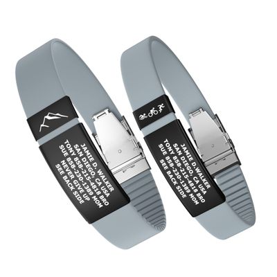 Divoti Custom Engraved Medical Alert ID Band, Double-Sided Emergency Contact Silicone WristbandICE Info, Phone Unlock Code&Allergy Note, Personalized Safety Alert -PVD Black/Sky Blue/13