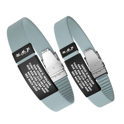 Divoti Custom Engraved Medical Alert ID Band, Double-Sided Emergency Contact Silicone WristbandICE Info, Phone Unlock Code&Allergy Note, Personalized Safety Alert -PVD Black/Pale Light Blue/13