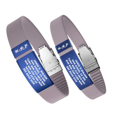 Divoti Custom Engraved Medical Alert ID Band, Double-Sided Emergency Contact Silicone WristbandICE Info, Phone Unlock Code&Allergy Note, Personalized Safety Alert -PVD Blue/Pale Pink Rose/13