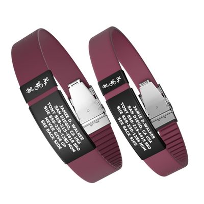 Divoti Custom Engraved Medical Alert ID Band, Double-Sided Emergency Contact Silicone WristbandICE Info, Phone Unlock Code&Allergy Note, Personalized Safety Alert -PVD Black/Wine Red/13