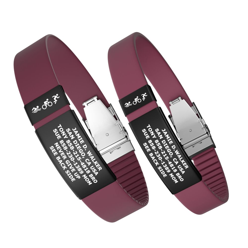 Divoti Custom Engraved Medical Alert ID Band, Double-Sided Emergency Contact Silicone WristbandICE Info, Phone Unlock Code&Allergy Note, Personalized Safety Alert -PVD Black/Wine Red/13