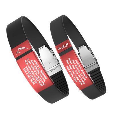Divoti Custom Engraved Medical Alert ID Band, Double-Sided Emergency Contact Silicone WristbandICE Info, Phone Unlock Code&Allergy Note, Personalized Safety Alert -PVD Red/Black/13