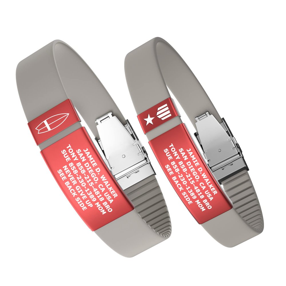Divoti Custom Engraved Medical Alert ID Band, Double-Sided Emergency Contact Silicone WristbandICE Info, Phone Unlock Code&Allergy Note, Personalized Safety Alert -PVD Red/Pebble Stone/13