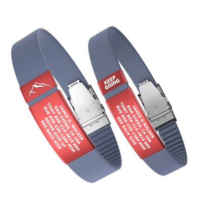 Divoti Custom Engraved Medical Alert ID Band, Double-Sided Emergency Contact Silicone WristbandICE Info, Phone Unlock Code&Allergy Note, Personalized Safety Alert -PVD Red/Carmella Blue/13