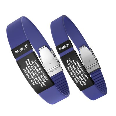 Divoti Custom Engraved Medical Alert ID Band, Double-Sided Emergency Contact Silicone WristbandICE Info, Phone Unlock Code&Allergy Note, Personalized Safety Alert -PVD Black/Jazz Blue/13
