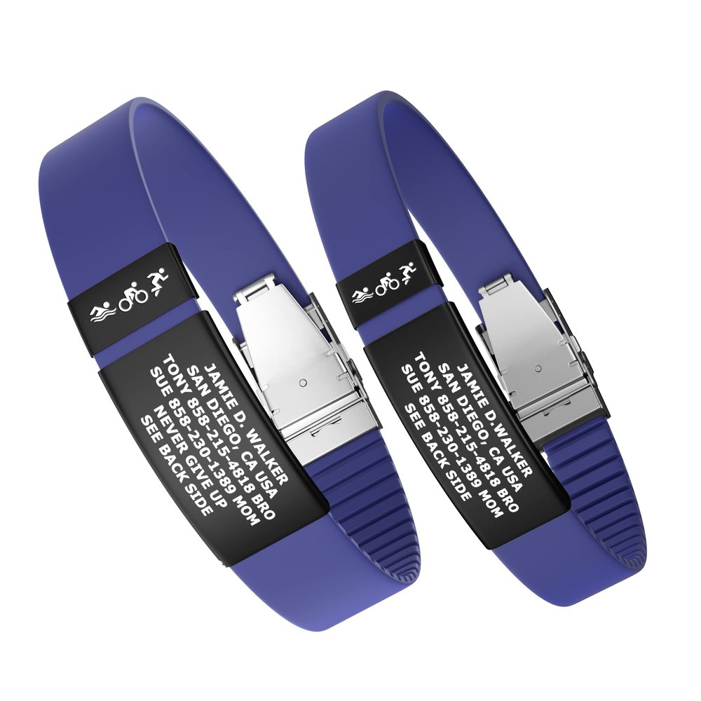 Divoti Custom Engraved Medical Alert ID Band, Double-Sided Emergency Contact Silicone WristbandICE Info, Phone Unlock Code&Allergy Note, Personalized Safety Alert -PVD Black/Jazz Blue/13