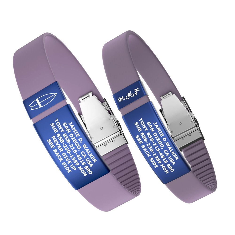 Divoti Custom Engraved Medical Alert ID Band, Double-Sided Emergency Contact Silicone WristbandICE Info, Phone Unlock Code&Allergy Note, Personalized Safety Alert -PVD Blue/Purple Rose/13
