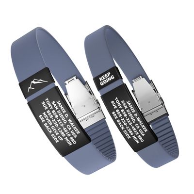 Divoti Custom Engraved Medical Alert ID Band, Double-Sided Emergency Contact Silicone WristbandICE Info, Phone Unlock Code&Allergy Note, Personalized Safety Alert -PVD Black/Carmella Blue/13