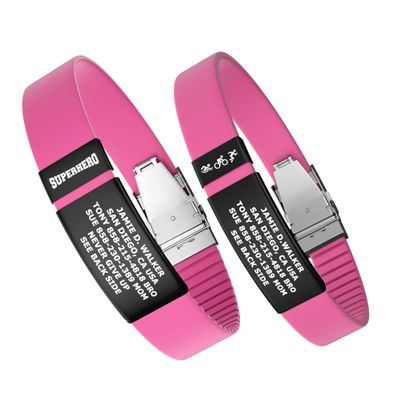 Divoti Custom Engraved Medical Alert ID Band, Double-Sided Emergency Contact Silicone WristbandICE Info, Phone Unlock Code&Allergy Note, Personalized Safety Alert -PVD Black/Vivid Pink/13