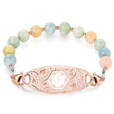 Divoti Custom Engraved Medical Bracelet for Women | 6.5" Morganite Beaded Chain with Lobster Claw | Stainless Steel Filigree Pendant Tag | Horizontally Connected, Interchangeable - (White Caduceus)