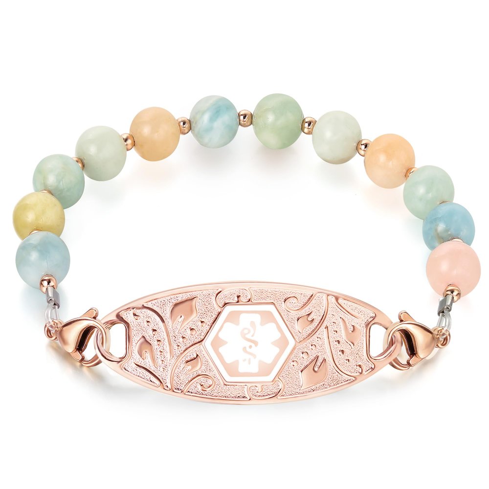 Divoti Custom Engraved Medical Bracelet for Women | 6.5" Morganite Beaded Chain with Lobster Claw | Stainless Steel Filigree Pendant Tag | Horizontally Connected, Interchangeable - (White Caduceus)