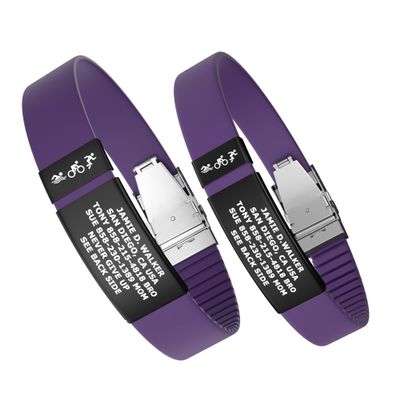 Divoti Custom Engraved Medical Alert ID Band, Double-Sided Emergency Contact Silicone WristbandICE Info, Phone Unlock Code&Allergy Note, Personalized Safety Alert -PVD Black/Romantic Purple/13